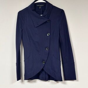 White House Black Market Navy Blue  Stretchy Asymmetrical jacket, Size 2